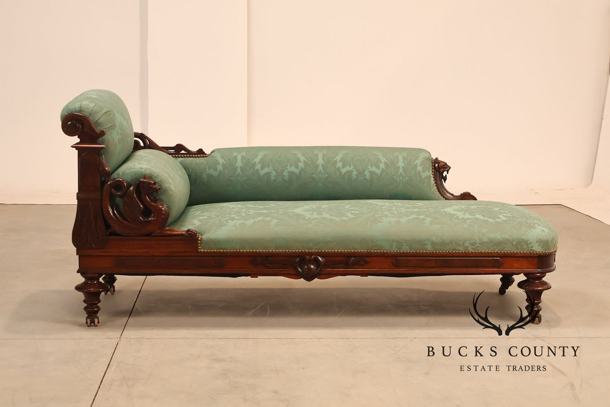 Antique American Renaissance Revival Style Carved Walnut Recamier Chaise Lounge