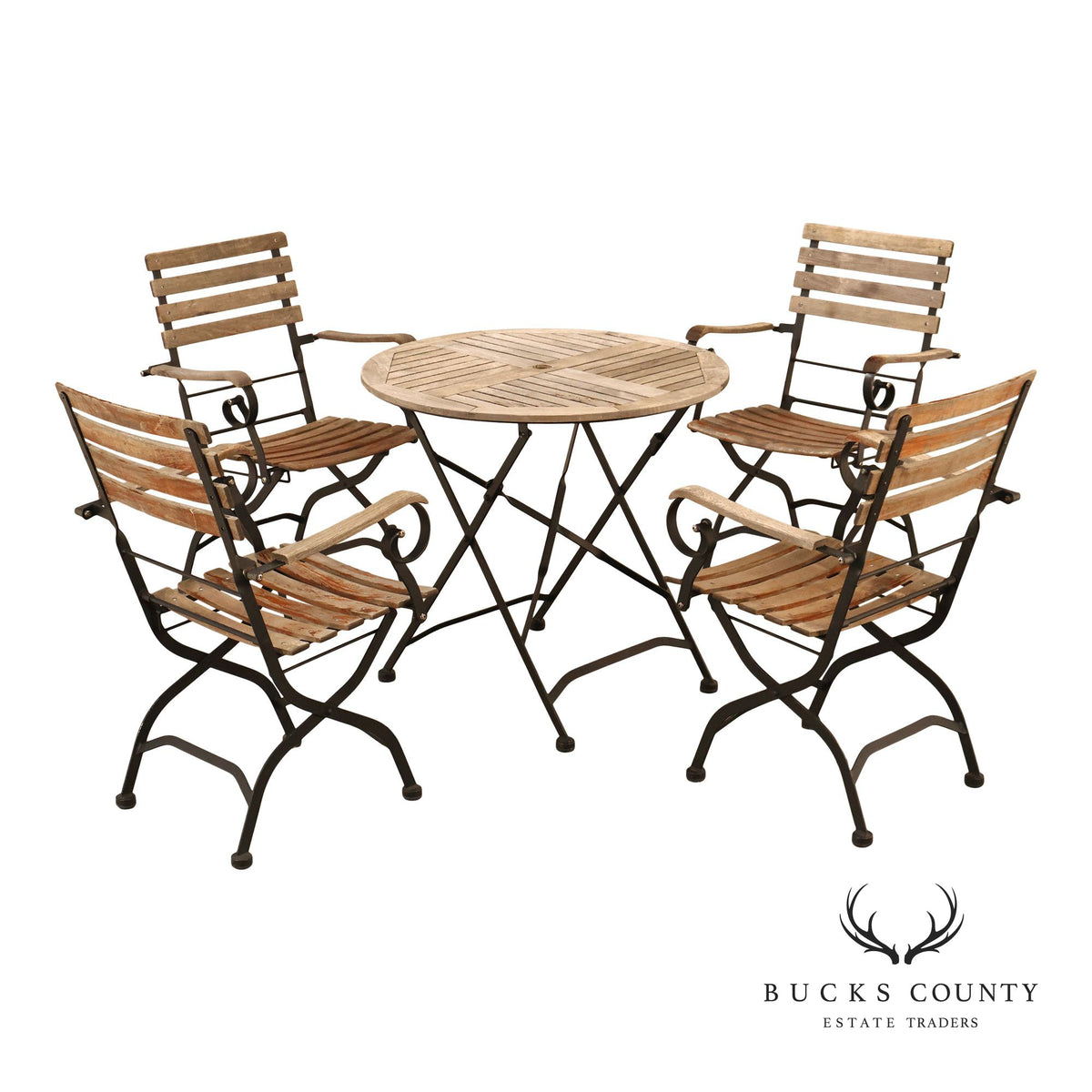 French Style Teak and Wrought Iron Five-Piece Bistro Set