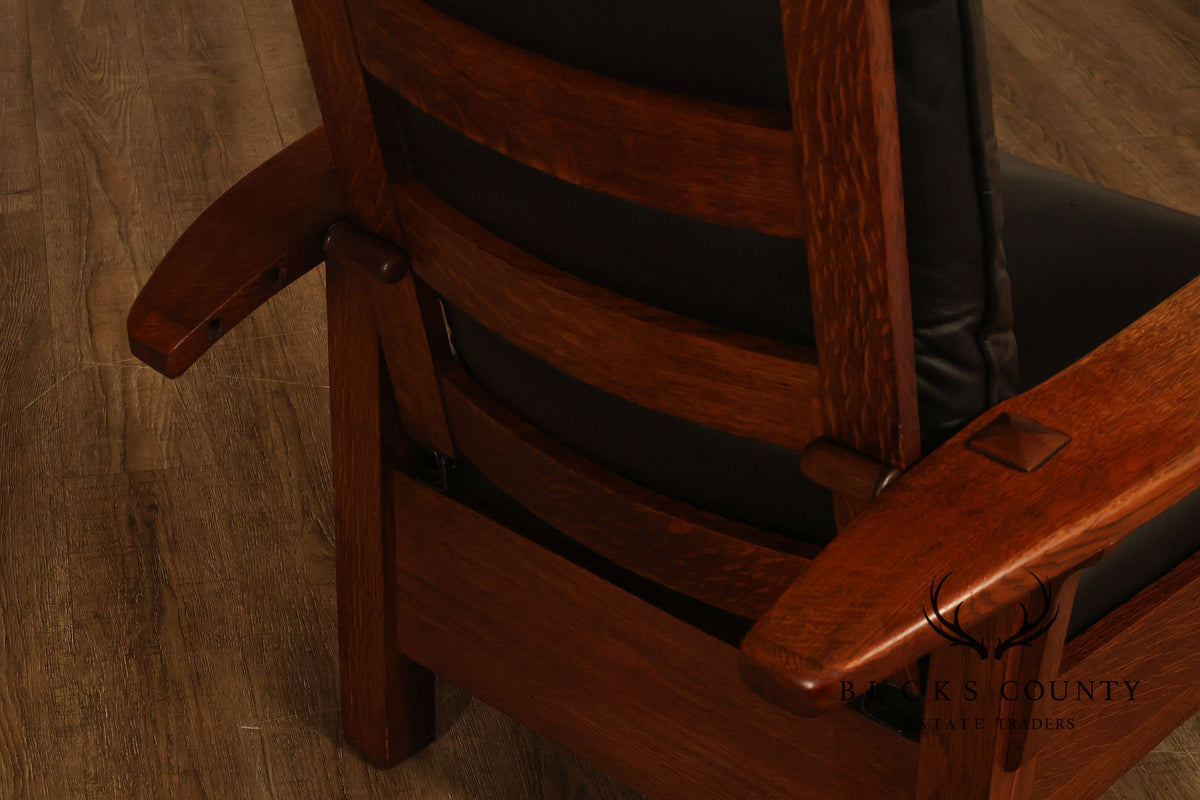 Antique Limbert Arts And Crafts Oak Morris Chair With Leather Cushions