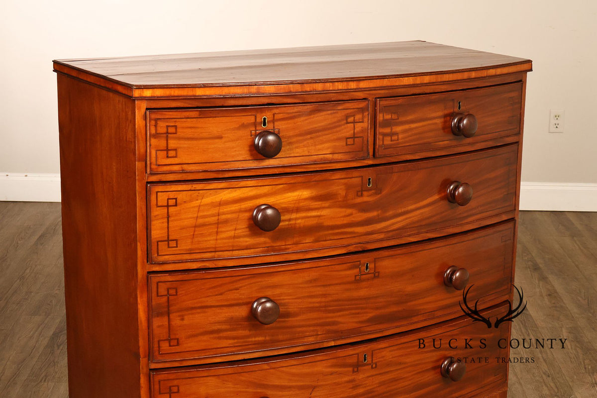 Antique English Sheraton Style Inlaid Bow Front Chest Of Drawers