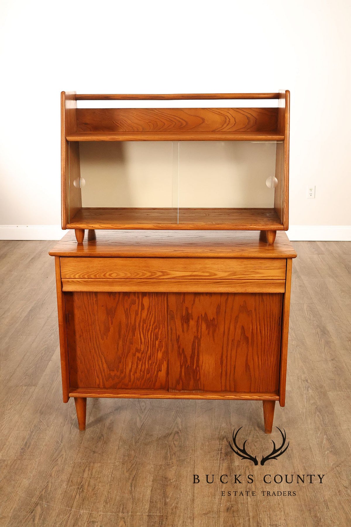 Mid Century Modern Two-Piece Oak and Glass China Cabinet
