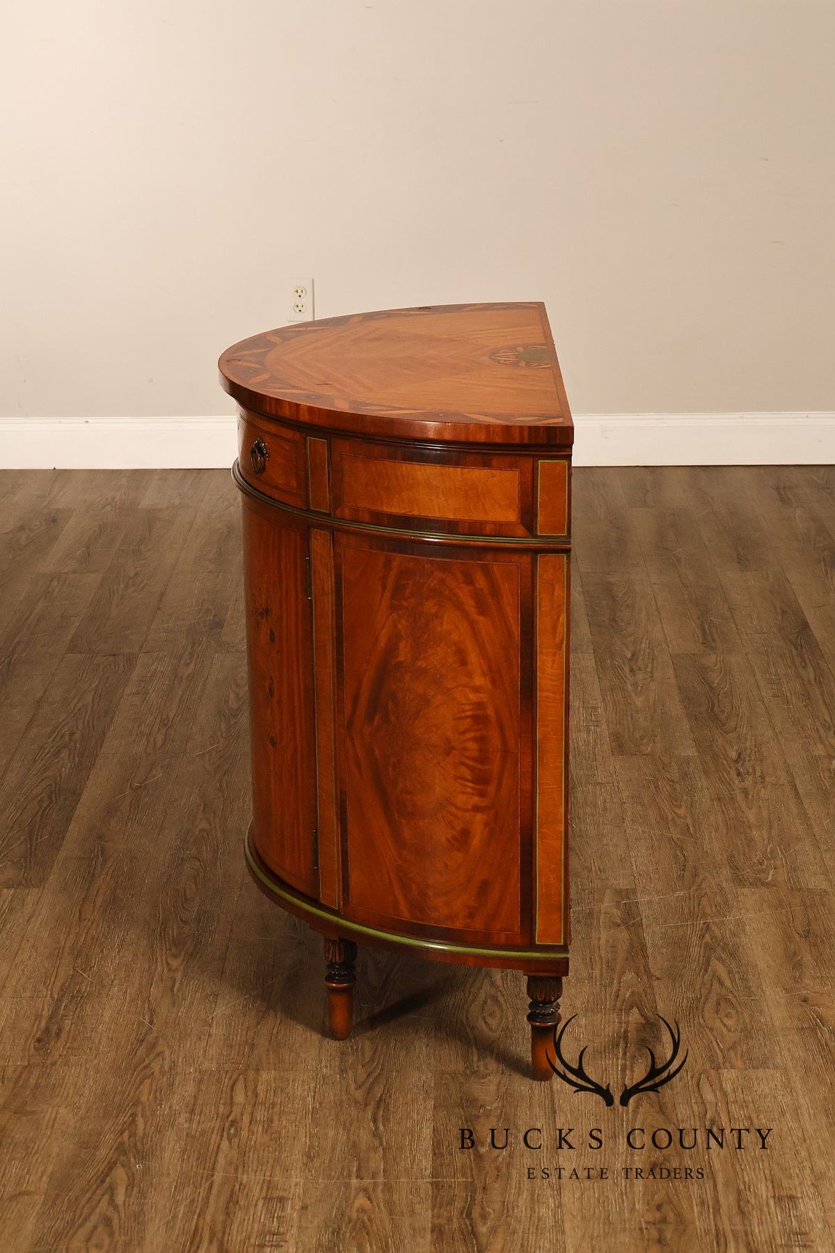 Neoclassical Style Inlaid Demilune Cabinet With Interior Drawers