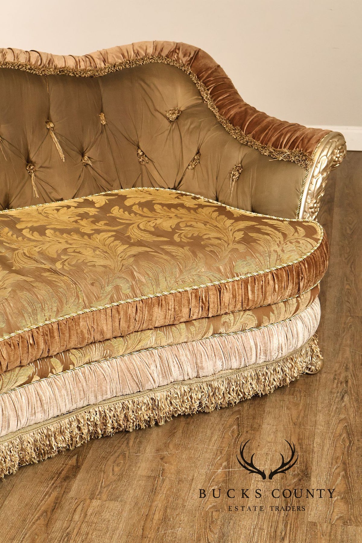 Tufted Rococo Camelback Sofa With Carved Gilt Trim