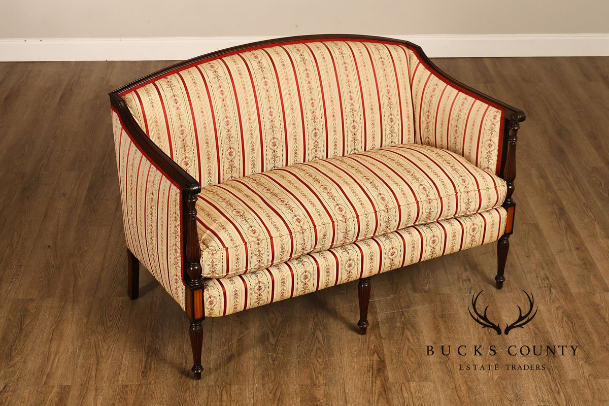 Vintage Sheraton Style Mahogany Inlaid Upholstered Loveseat