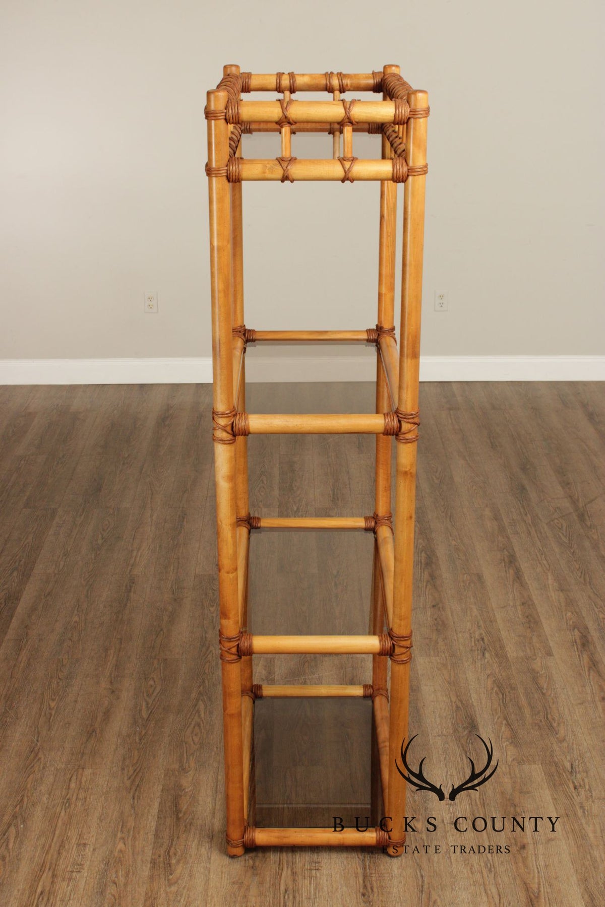Vintage Coastal Style Bamboo And Glass Shelf Etagere