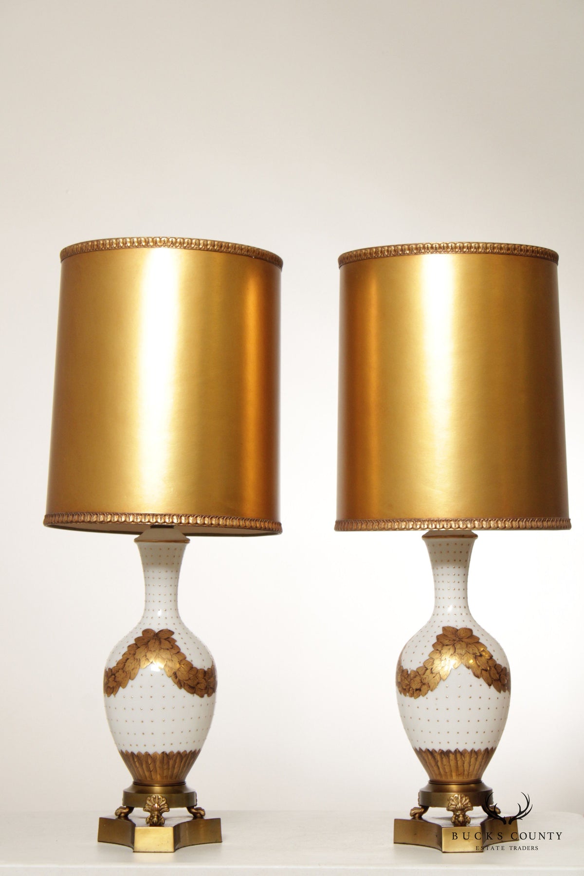 Artemis Studios Neoclassical Style Pair of Milk Glass Table Lamps