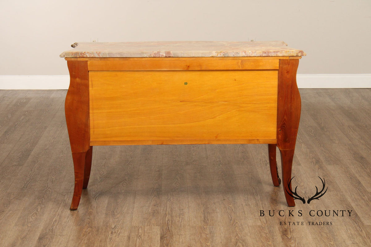 Louis XV Style Pair Of Marquetry Inlaid Marble Top Bombe Commodes