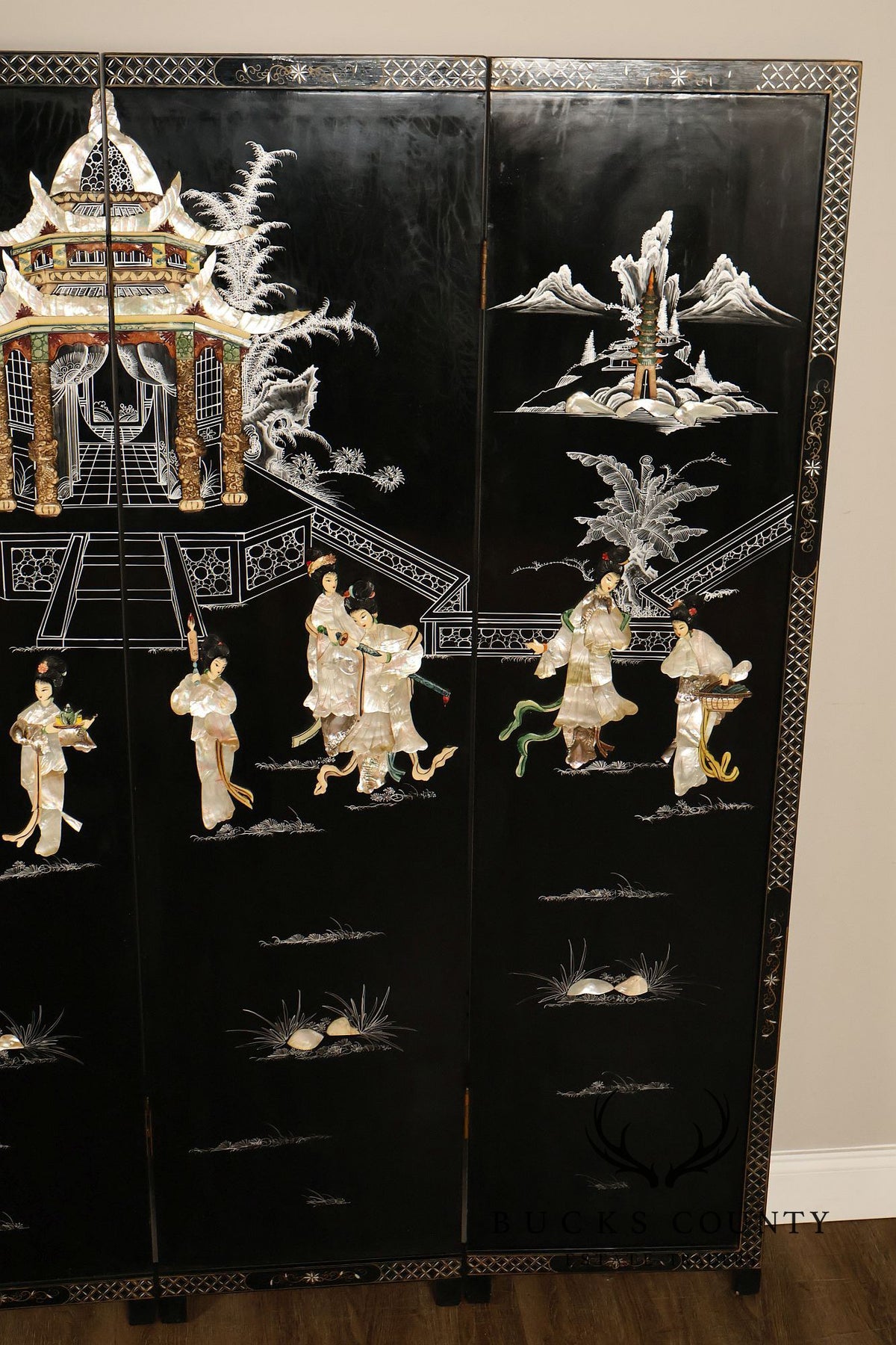 Asian Black Lacquer Vintage Pair Of Four Panel Folding Screens With Mother Of Pearl Inlay