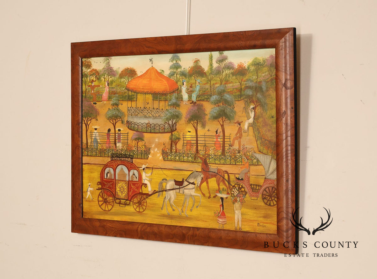 Original Mexican Oil Folk Art Garden And Carriage Scene Painting By R Torres