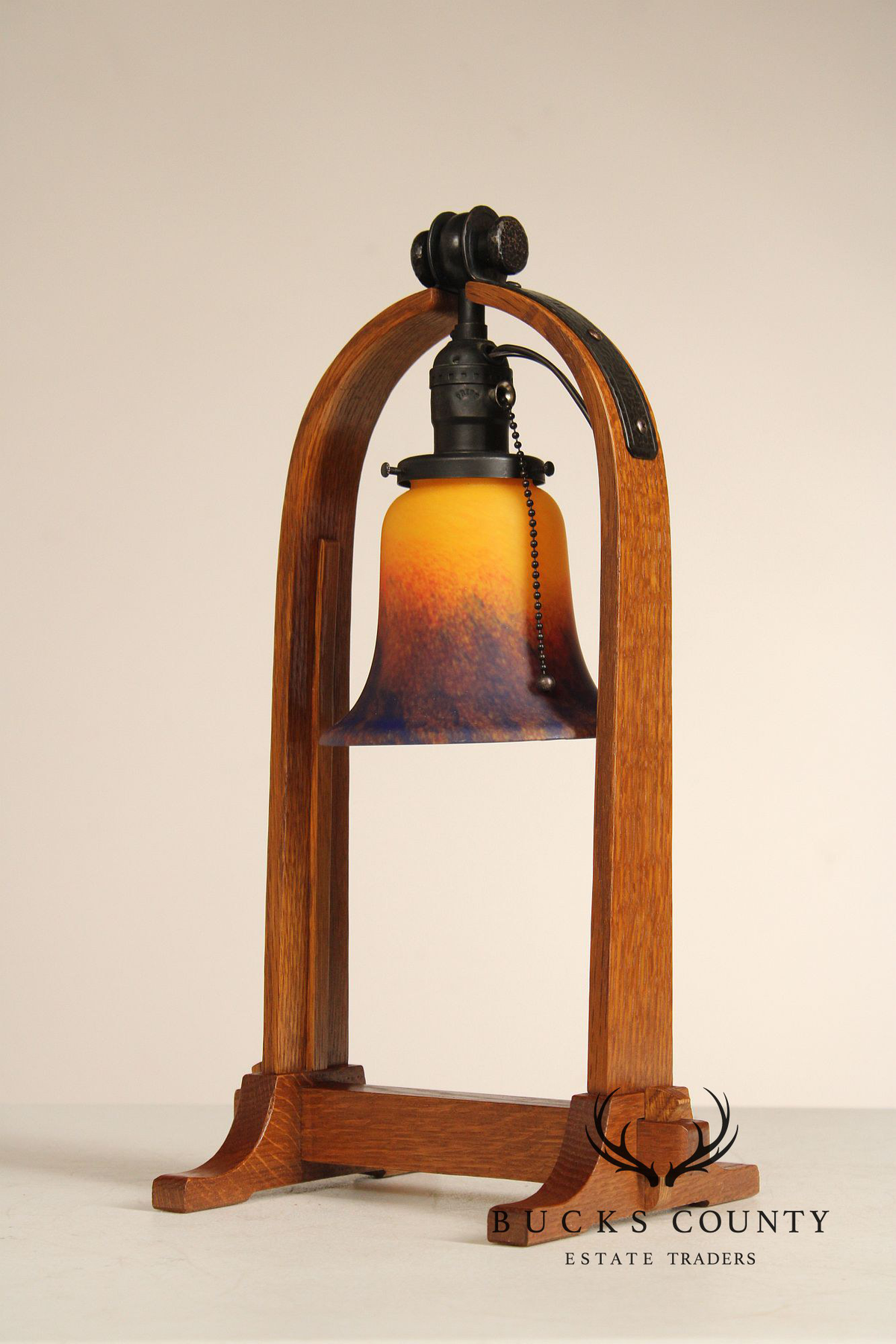 Stickley Mission Collection Oak Table Lamp With Art Glass Shade