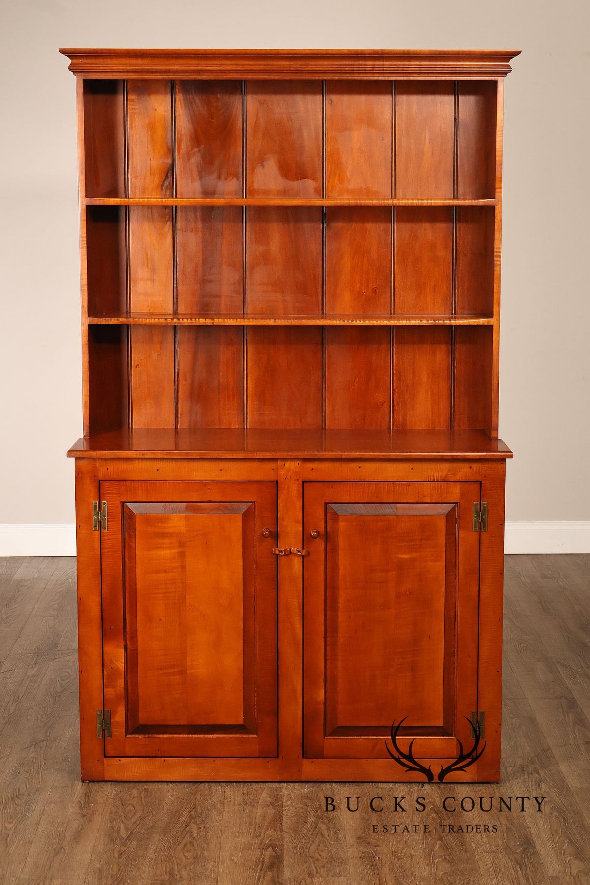 Tiger Maple Custom Step Back Hutch With Upper Open Shelving