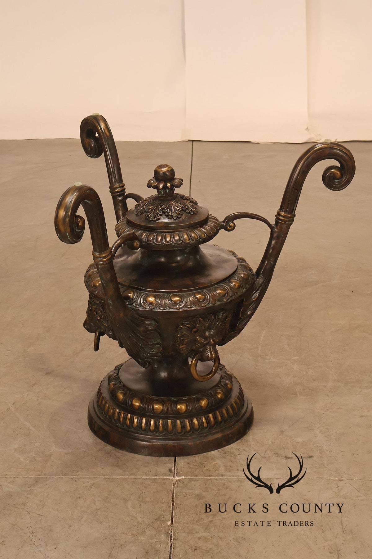 Monumental Brass Urn Form Double Pedestal Glass Top Dining Table