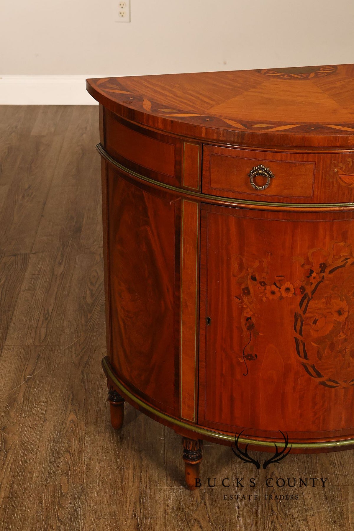 Neoclassical Style Inlaid Demilune Cabinet With Interior Drawers