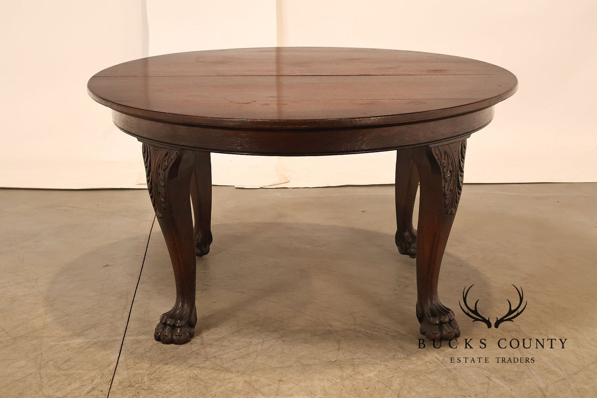 Antique Renaissance Revival Round Oak Expandable Dining Table