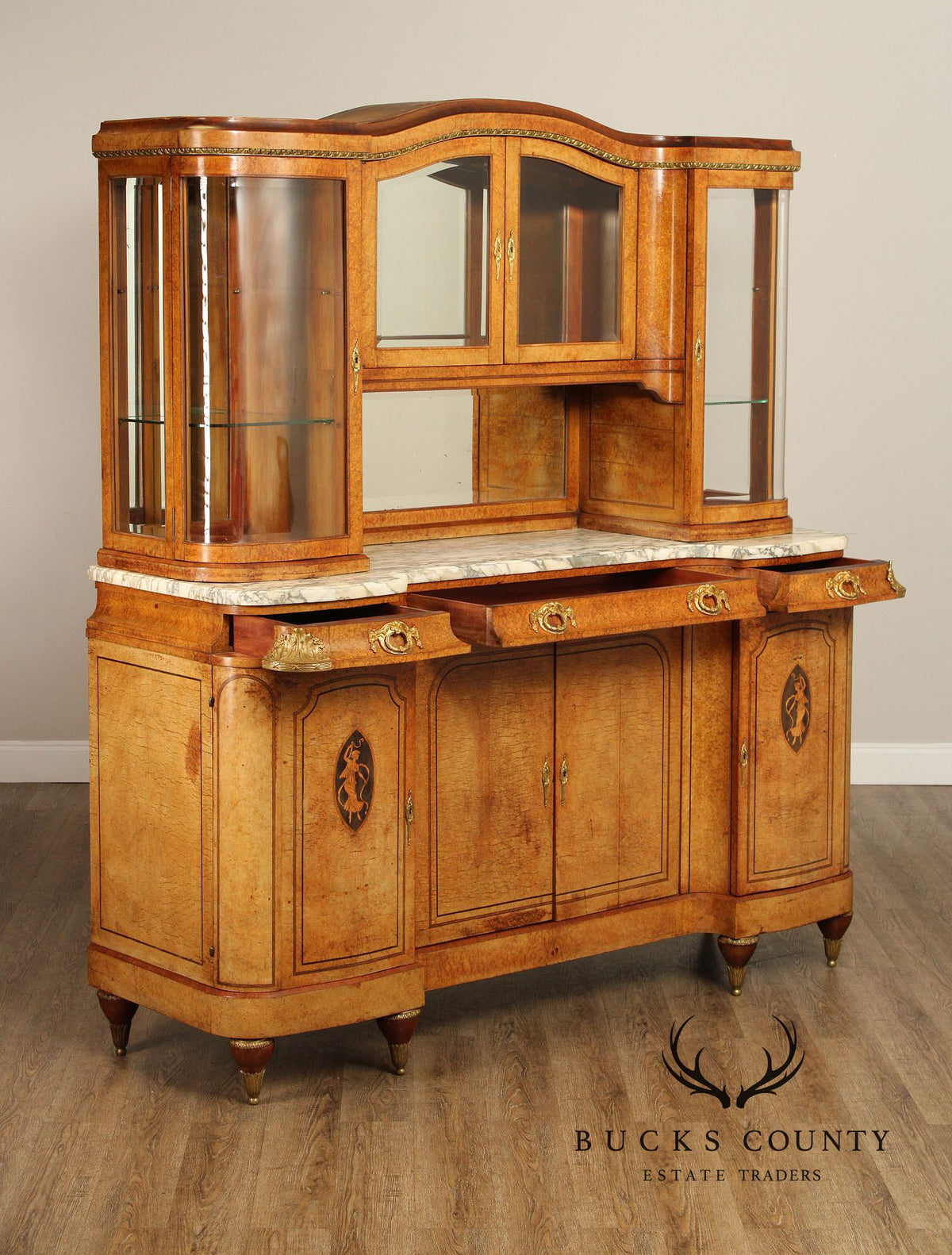 Antique French Louis XVI Style Burl Walnut Marble Top Buffet Hutch