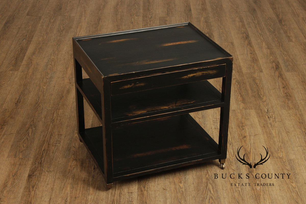 Industrial Style Pair of Ebonized Rolling End Tables