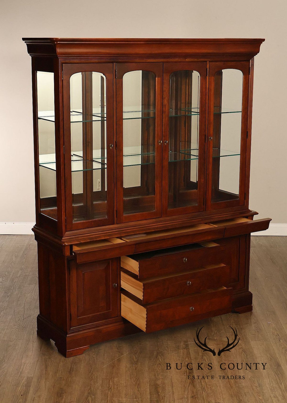 Pennsylvania House Louis Philippe Style Cherry Breakfront Lighted China Cabinet