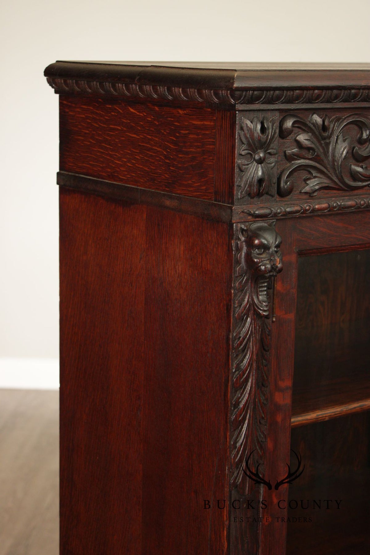 Antique Renaissance Revival Carved Oak Glass Door Bookcase