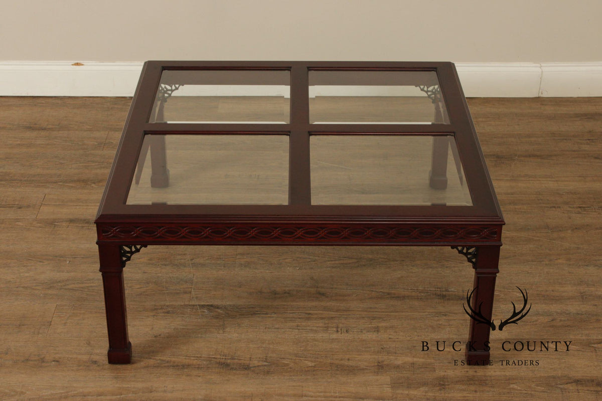 Kindel Chinese Chippendale Style Glass Top Mahogany Coffee Table