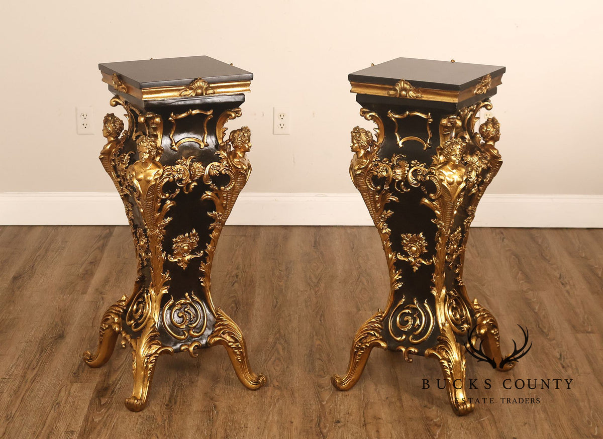 Italian Renaissance Style Pair of Slate Top Figural Carved Pedestals