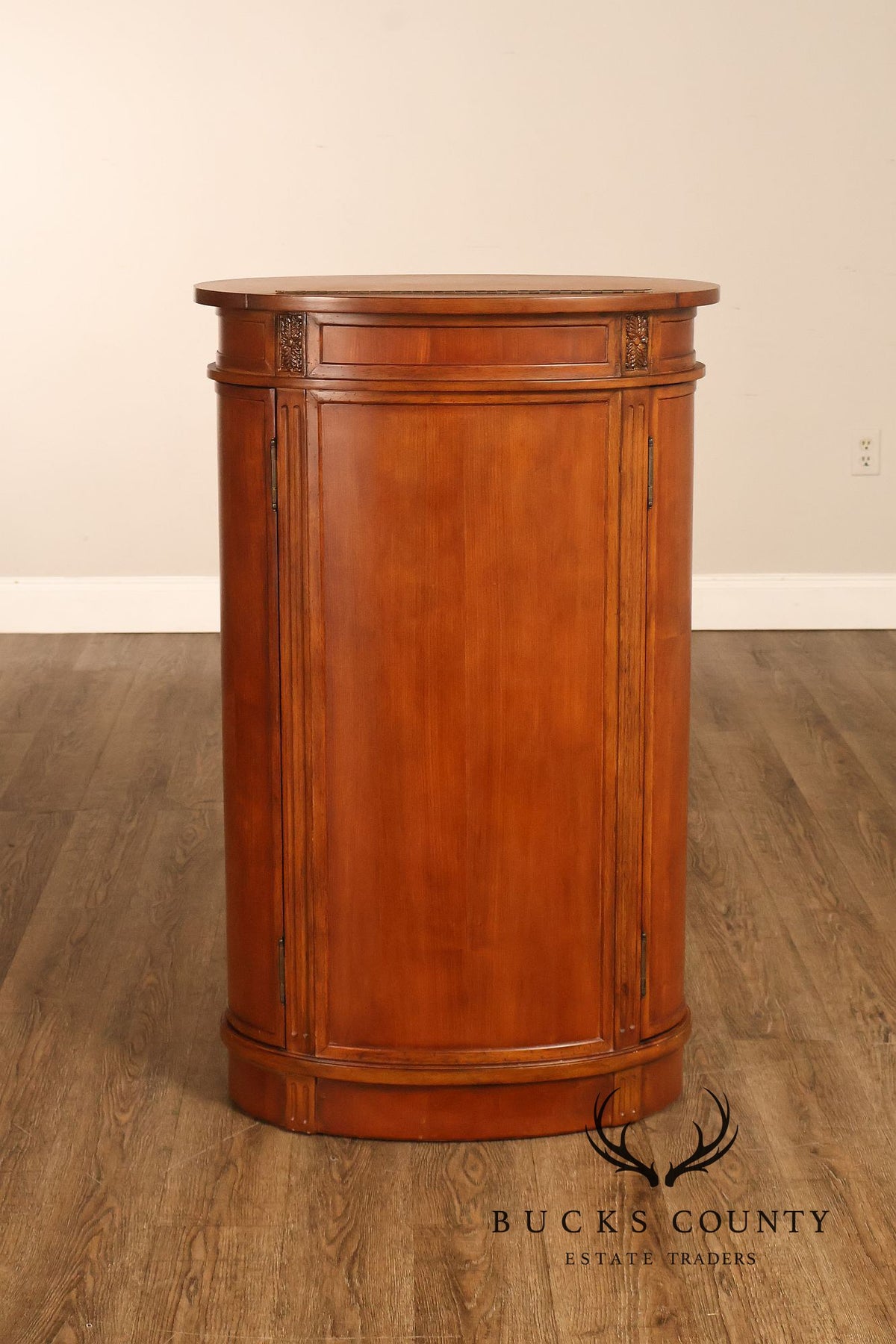 Oval Burl Wood Jewelry Armoire With Lift Top And Side Doors
