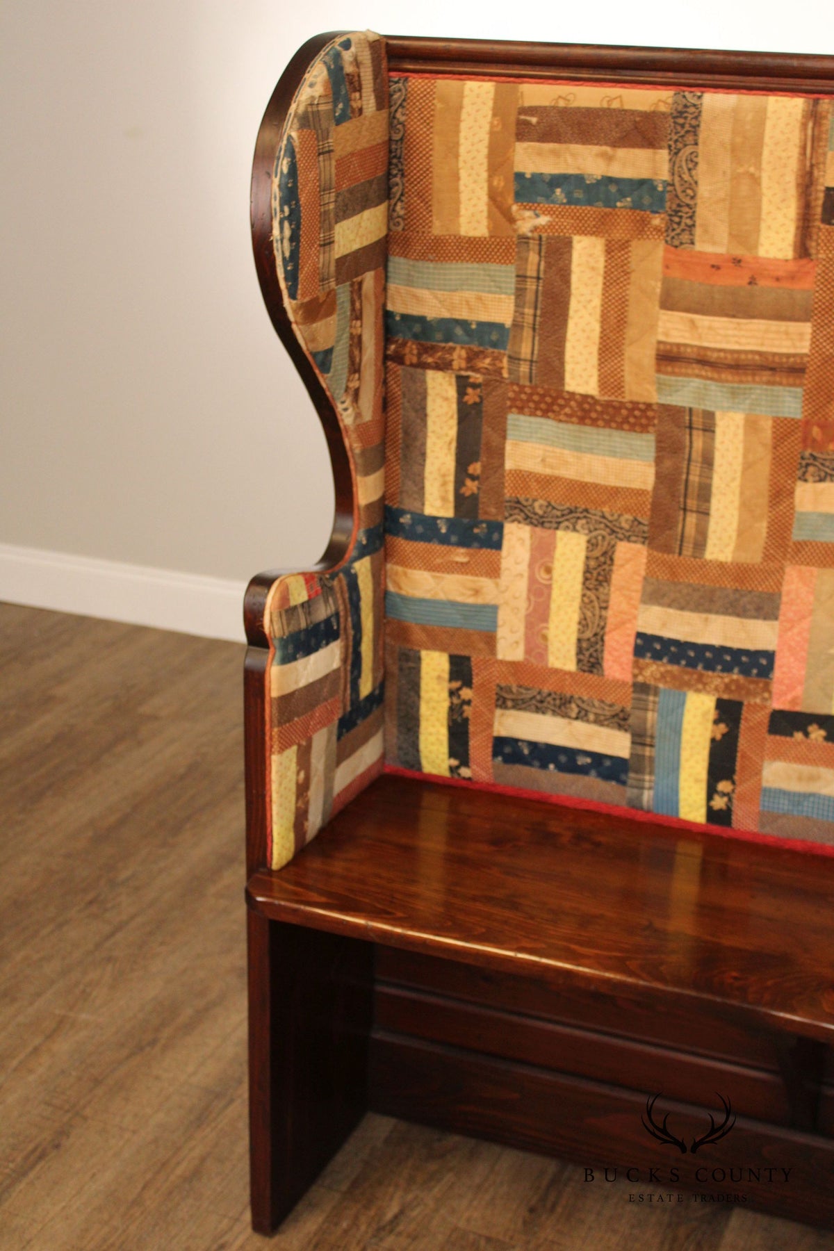 Antique American Quilted Back Pine Settle Bench