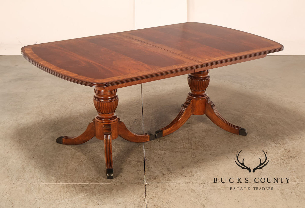 Georgian Style Banded Mahogany Double Pedestal Extension Dining Table