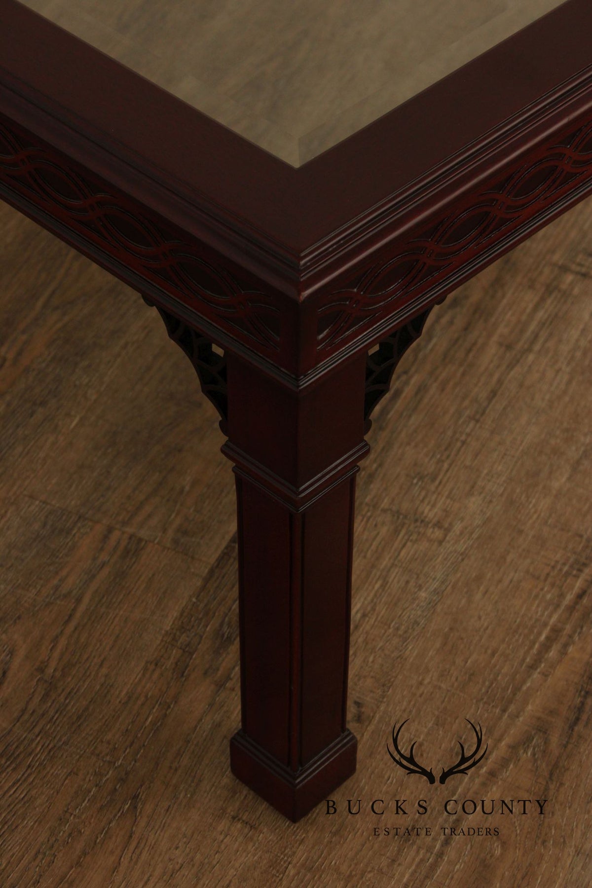 Kindel Chinese Chippendale Style Glass Top Mahogany Coffee Table