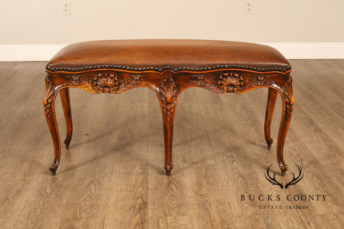 Rococo Style Leather Upholstered Carved Mahogany Window Bench