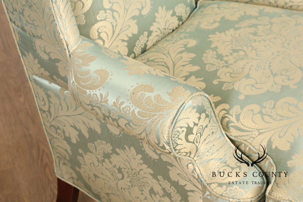 Quality Vintage Pair Of High Back Damask Upholstered Wing Chairs