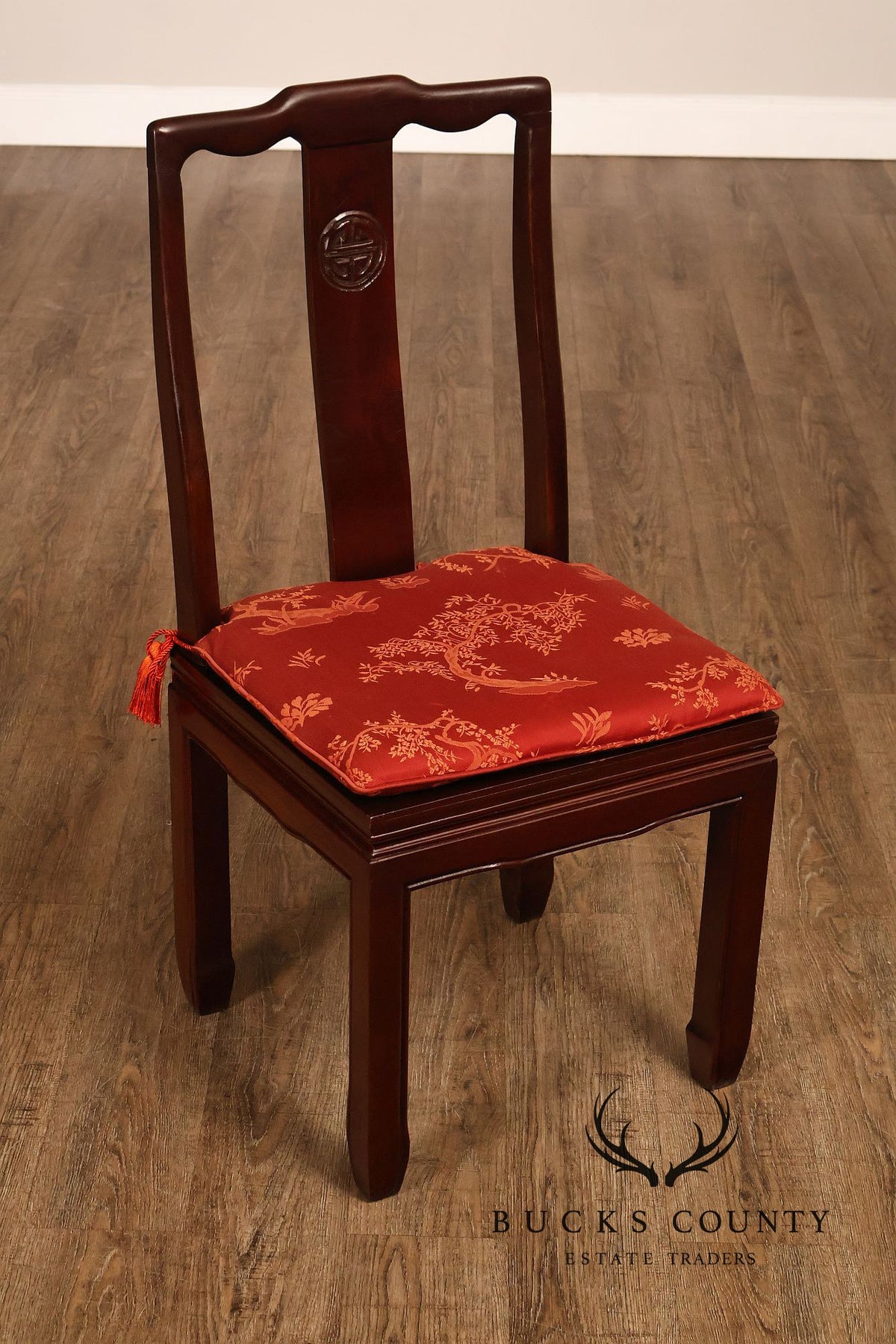 Asian Style Set Of Ten Rosewood Dining Chairs With Red Silk Cushions