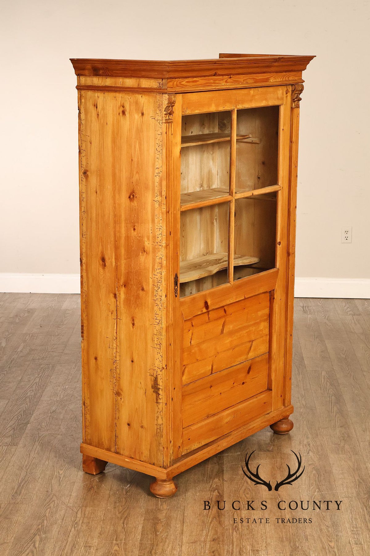 European Country Pine Glass Door Display Cabinet