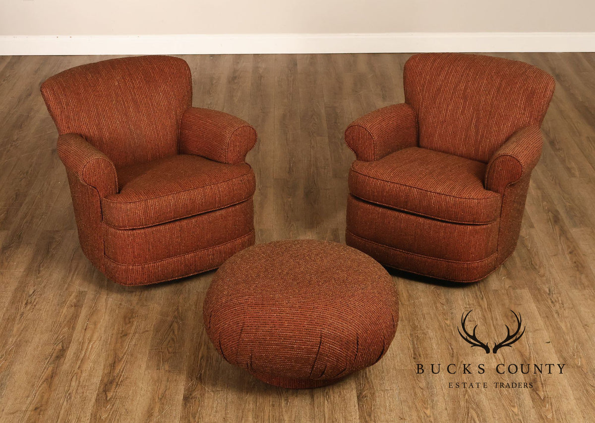 Leggett & Platt Pair Of Upholstered Swivel Glider Club Chairs With Round Ottoman