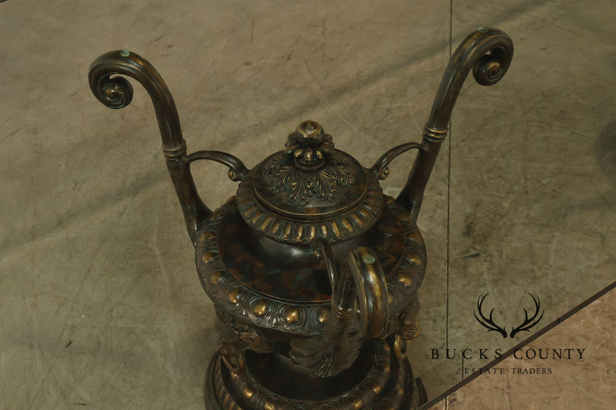 Monumental Brass Urn Form Double Pedestal Glass Top Dining Table