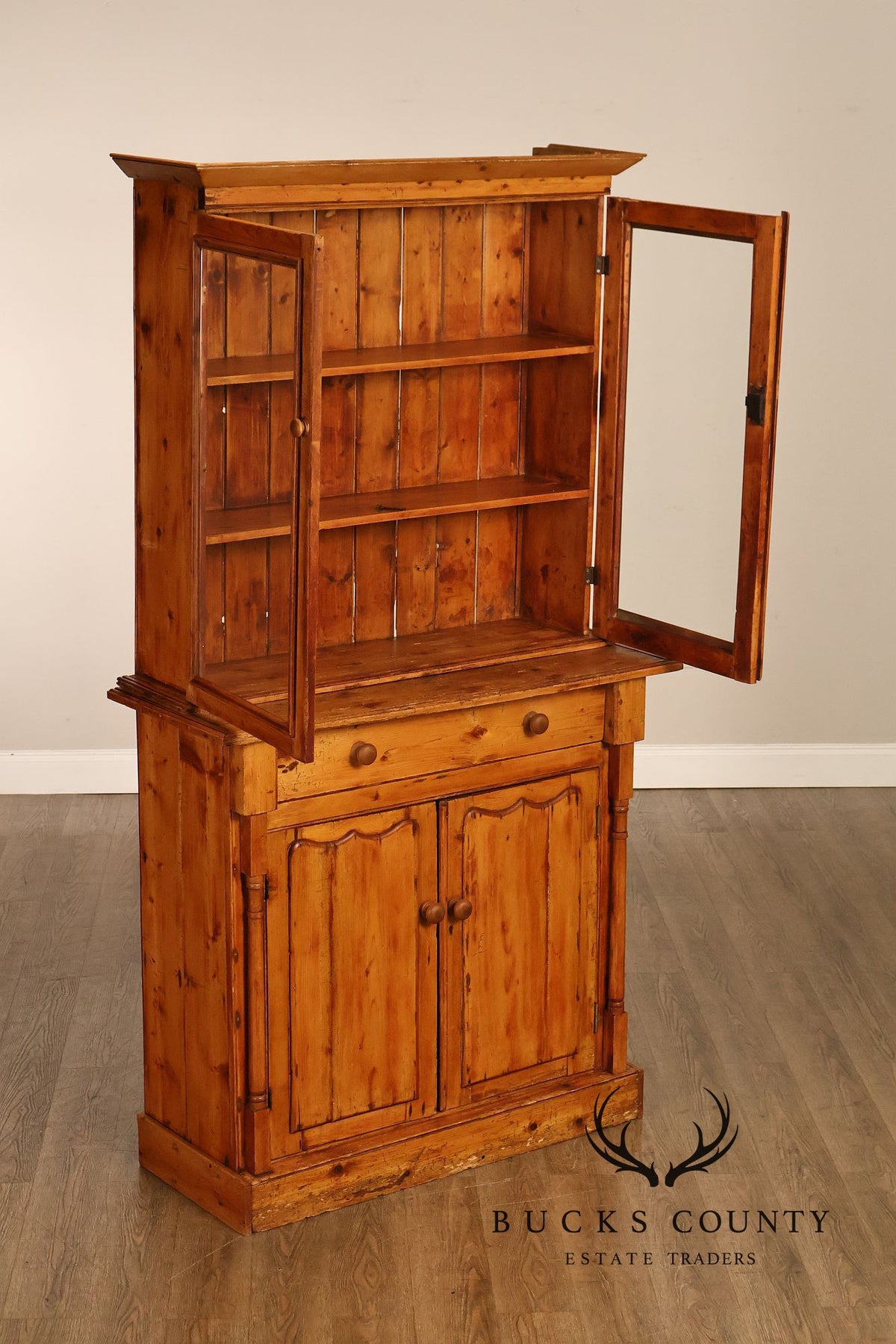 Antique Pitch Pine Four Door Stepback Cupboard With Glass Doors And Drawer