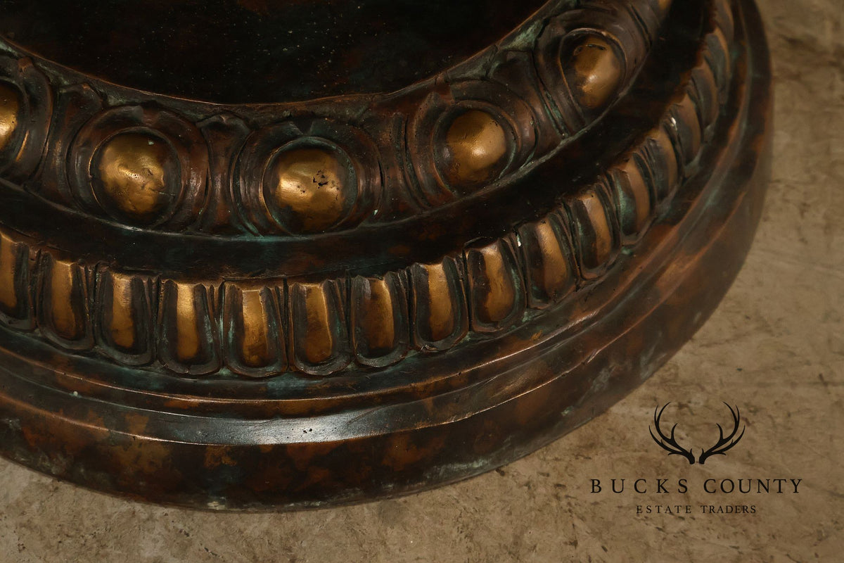 Monumental Brass Urn Form Double Pedestal Glass Top Dining Table