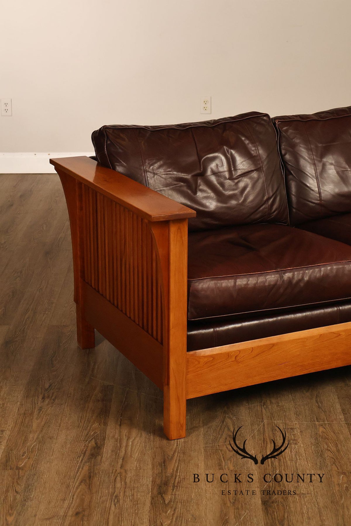 Stickley Mission Collection Cherry Wood Spindle Frame Leather Loveseat