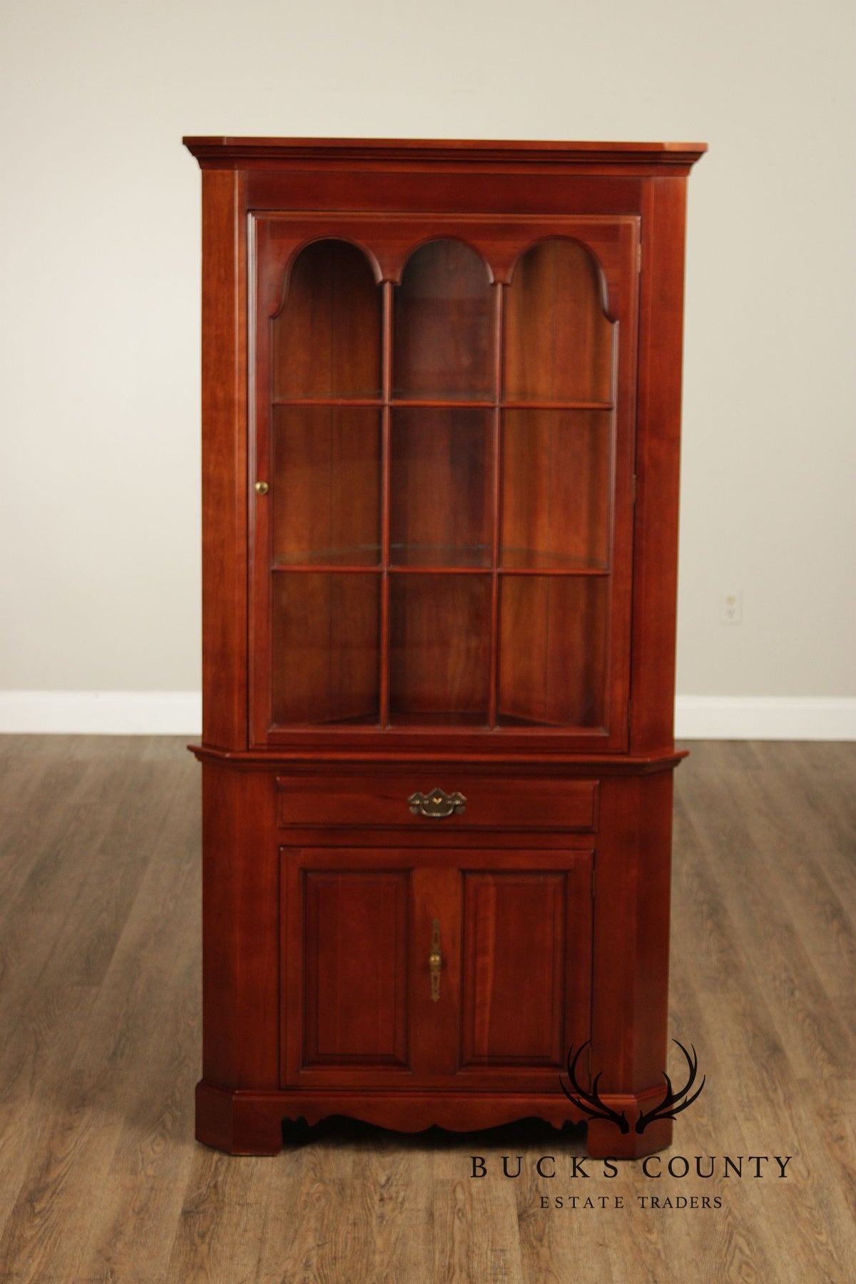 J.B. Van Sciver Traditional Pair Of Cherry Lighted Corner Cabinets