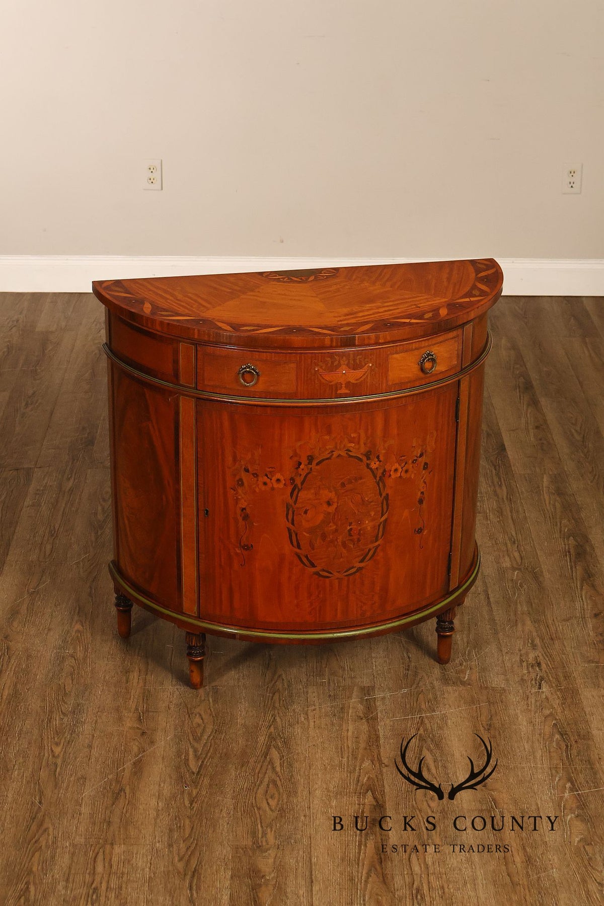 Neoclassical Style Inlaid Demilune Cabinet With Interior Drawers
