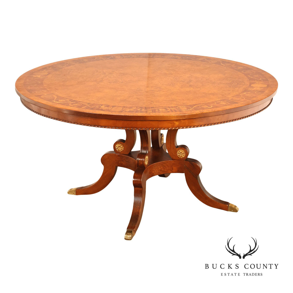 Francesco Molon Italian Neoclassical Style 60" Round Inlaid Burl Wood Dining Table
