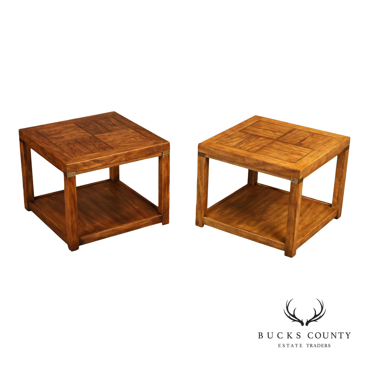 Drexel Heritage Pair Of Rustic Square End Tables With Pull Out Trays