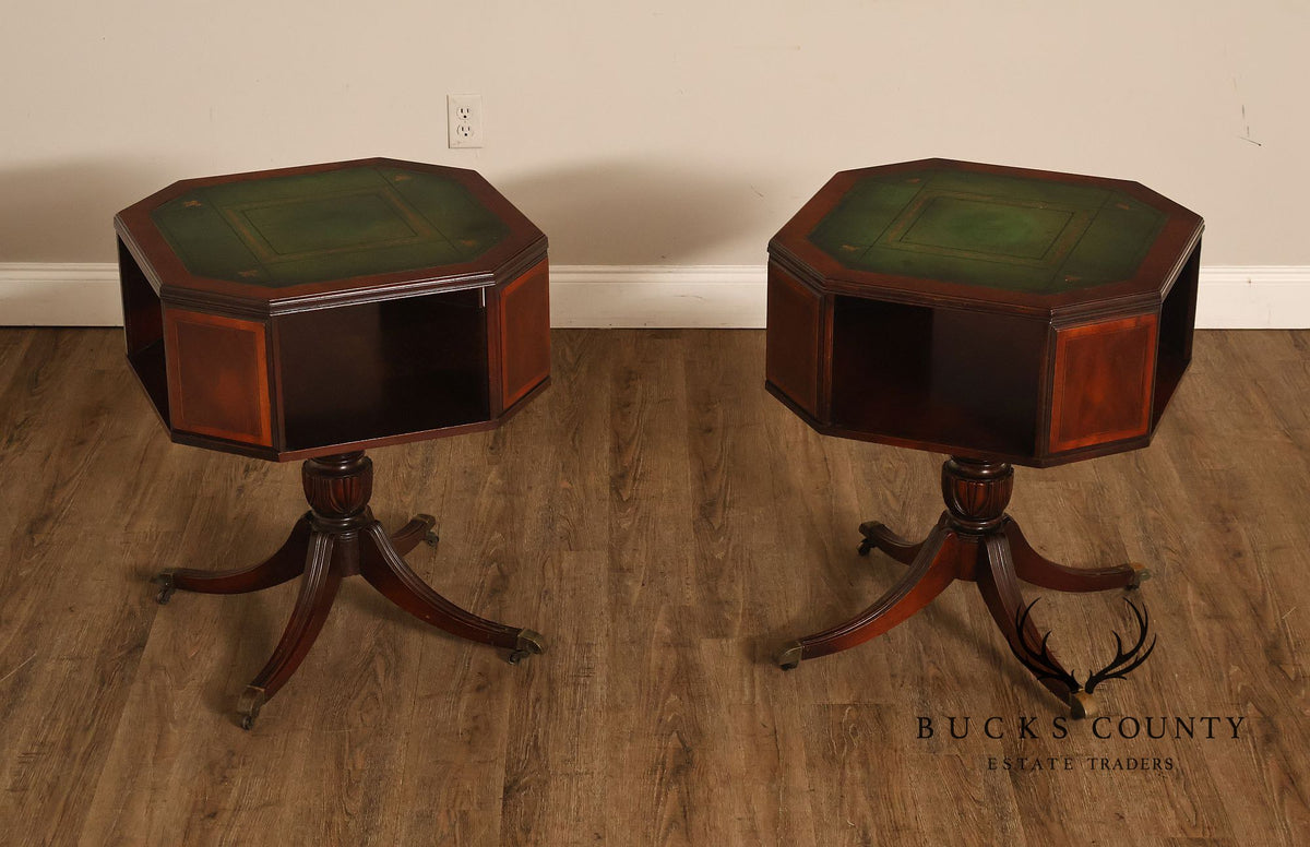 1940's Vintage Pair of Regency Style Mahogany Green Leather Top Pedestal Side Tables