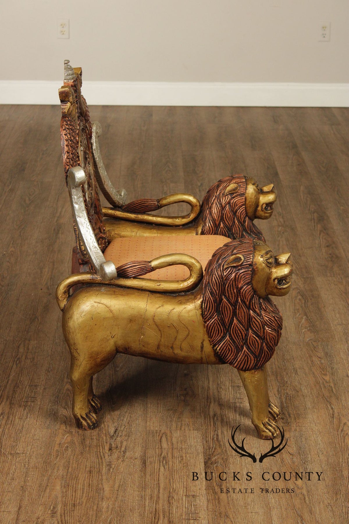 Hand Carved Painted And Gilt Lion And Peacock Motif Pair Of Throne Chairs