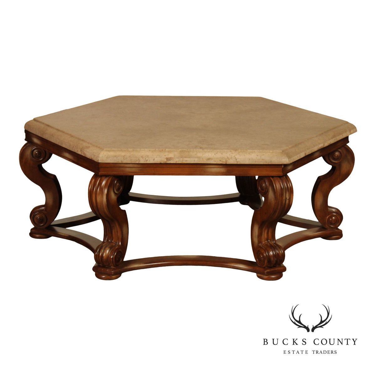 Century Furniture Tuscan Style Large Travertine Top Hexagonal Coffee Table