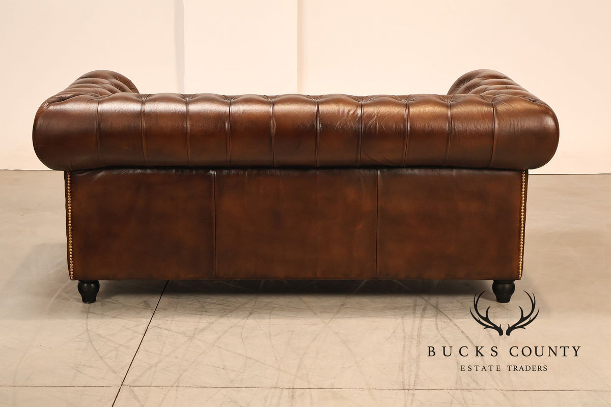 Chesterfield Style 6 Foot Cognac Brown Tufted Leather Sofa
