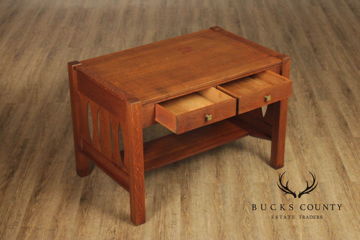 Antique Arts & Crafts Mission Oak Two Drawer Library Table Desk