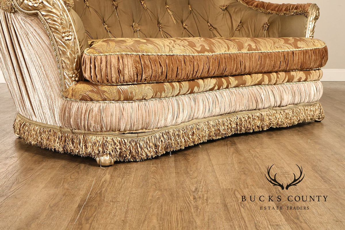 Tufted Rococo Camelback Sofa With Carved Gilt Trim