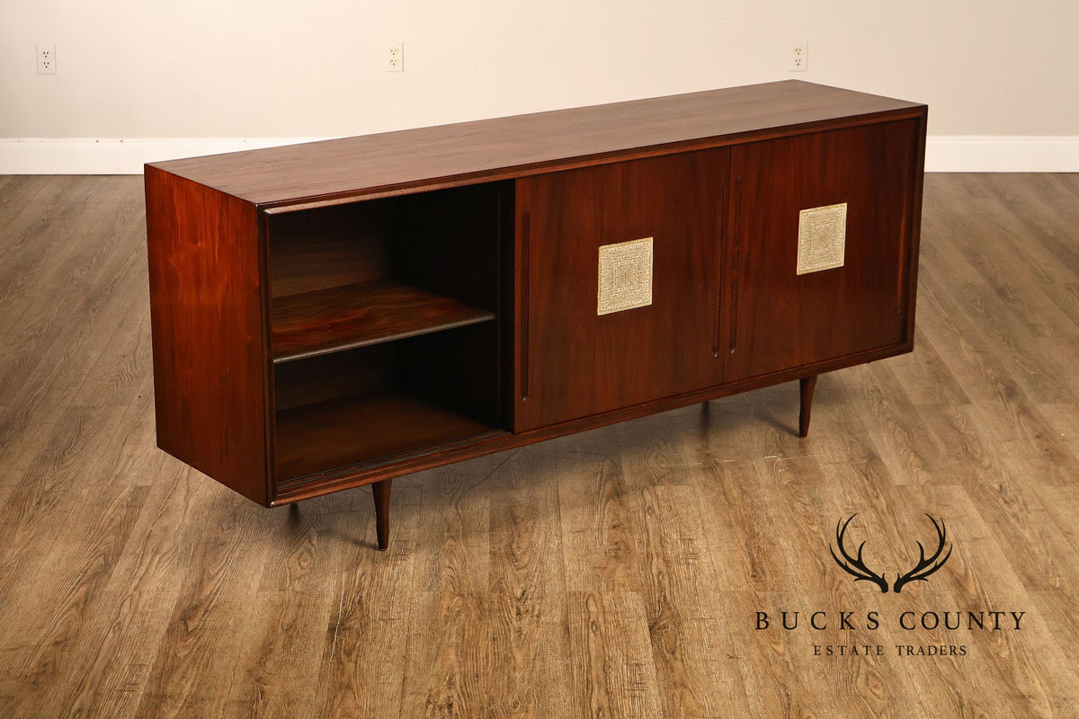 Mid Century Modern Walnut Buffet Sideboard With Decorative Tile Inlays