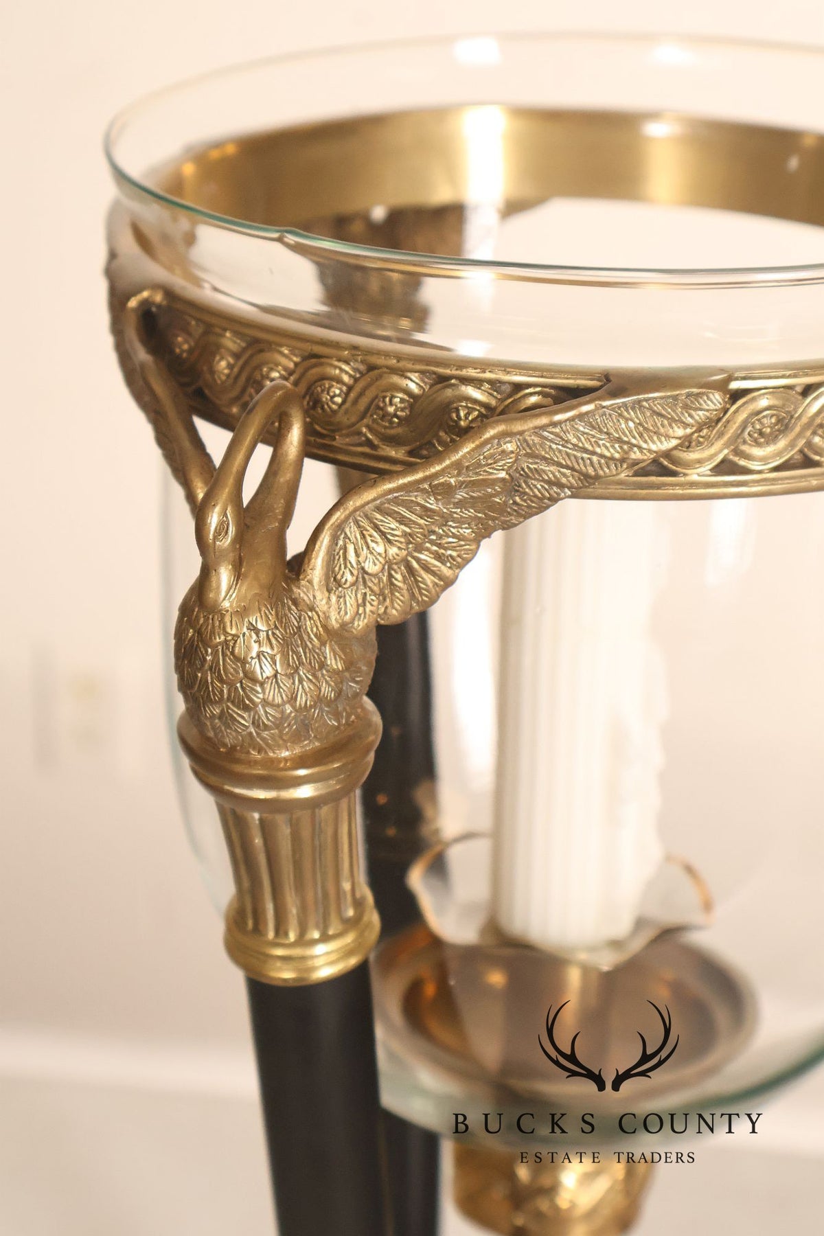 Empire Style Brass Swan And Marble Hurricane Candle Holder