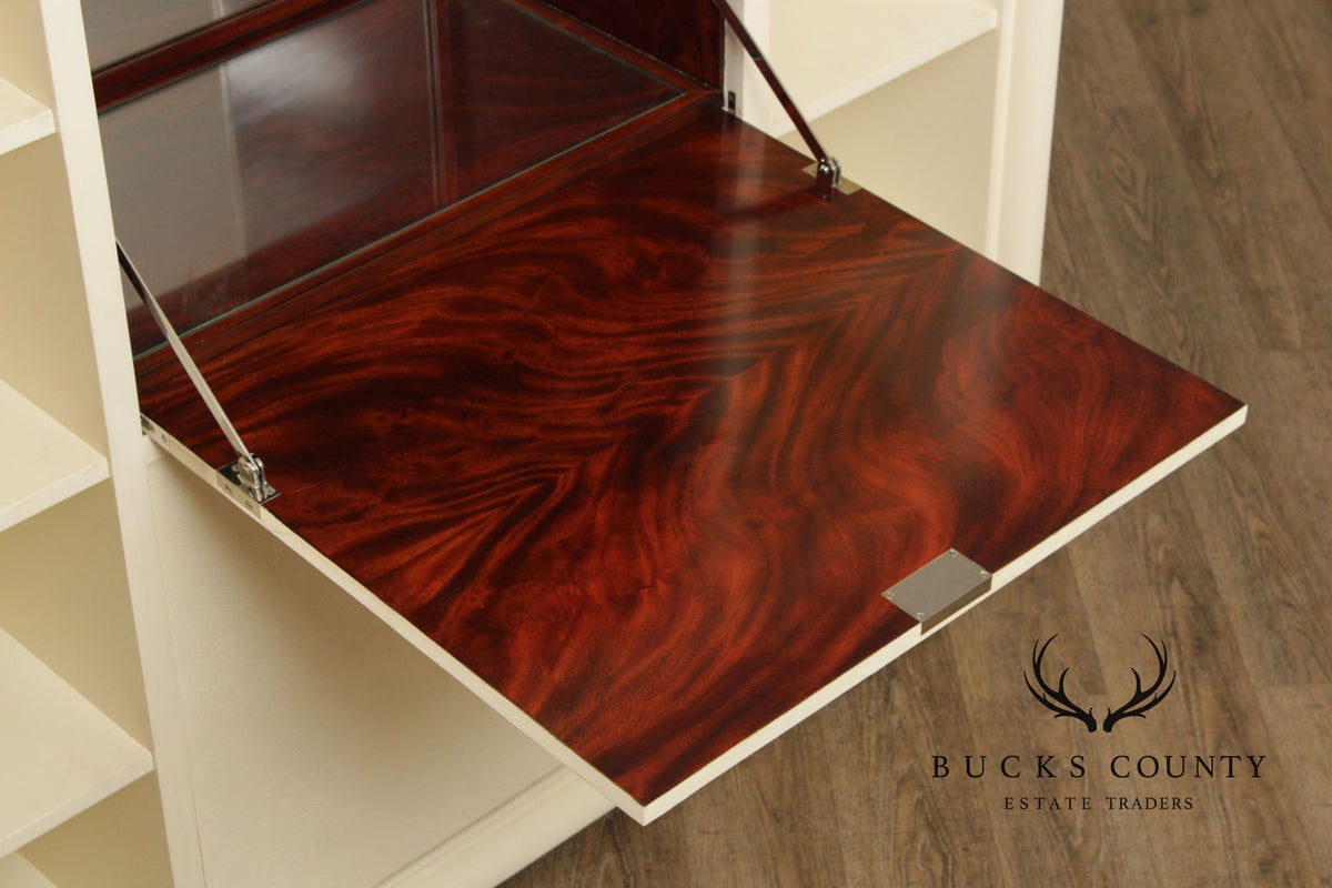 Modern White Lacquer Dry Bar Cabinet With Hidden Mahogany Interior And Rotating Shelves